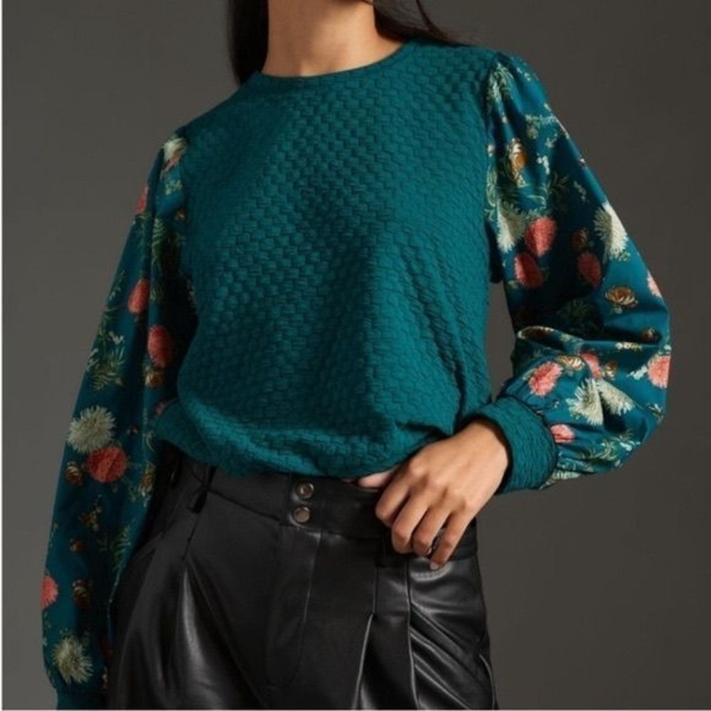 Porridge by Anthropologie Textured Sweatshirt Contrasting Floral Balloon Sleeves